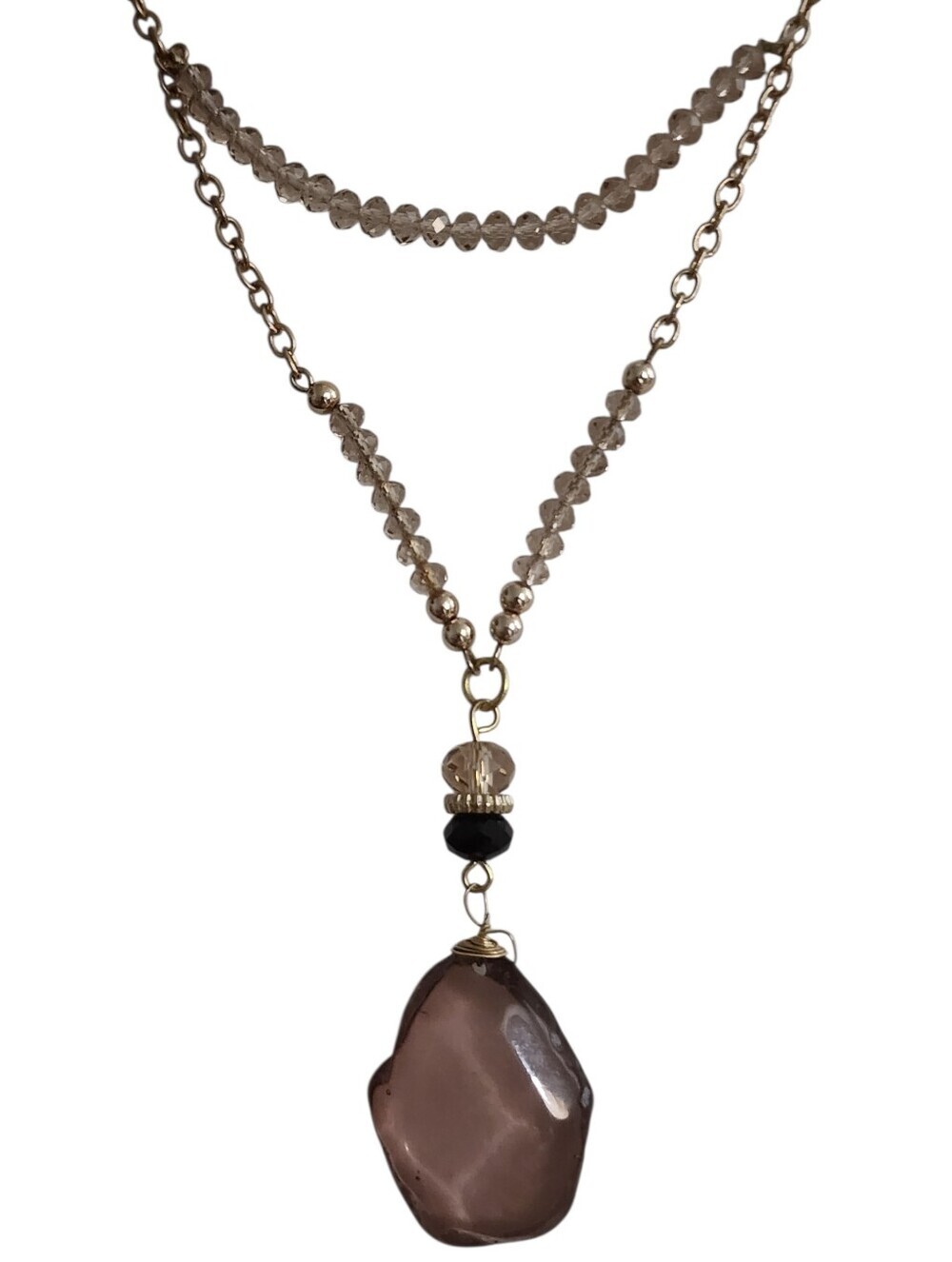 Pink Crystal Beaded Layered Necklace Purple Pendant Gold Tone